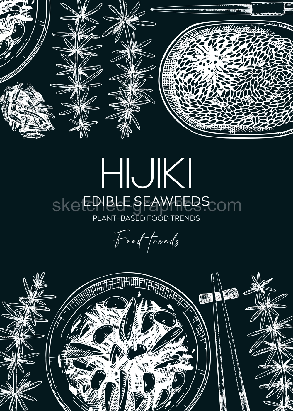 Hand-drawn hijiki flyer on chalkboard. Sea vegetable drawings. Edible seaweed vector illustration in sketch style. Japanese cuisine menu design. Healthy food ingredients background  Illustration